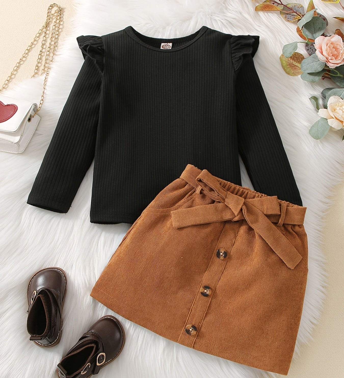 Conjunto 2 Peças Infantil Menina Blusa Canelada Manga Longa com Babado e Saia Cotelê com Laço Conjunto Menina 23 Kabannas Preto 9-12 Meses 