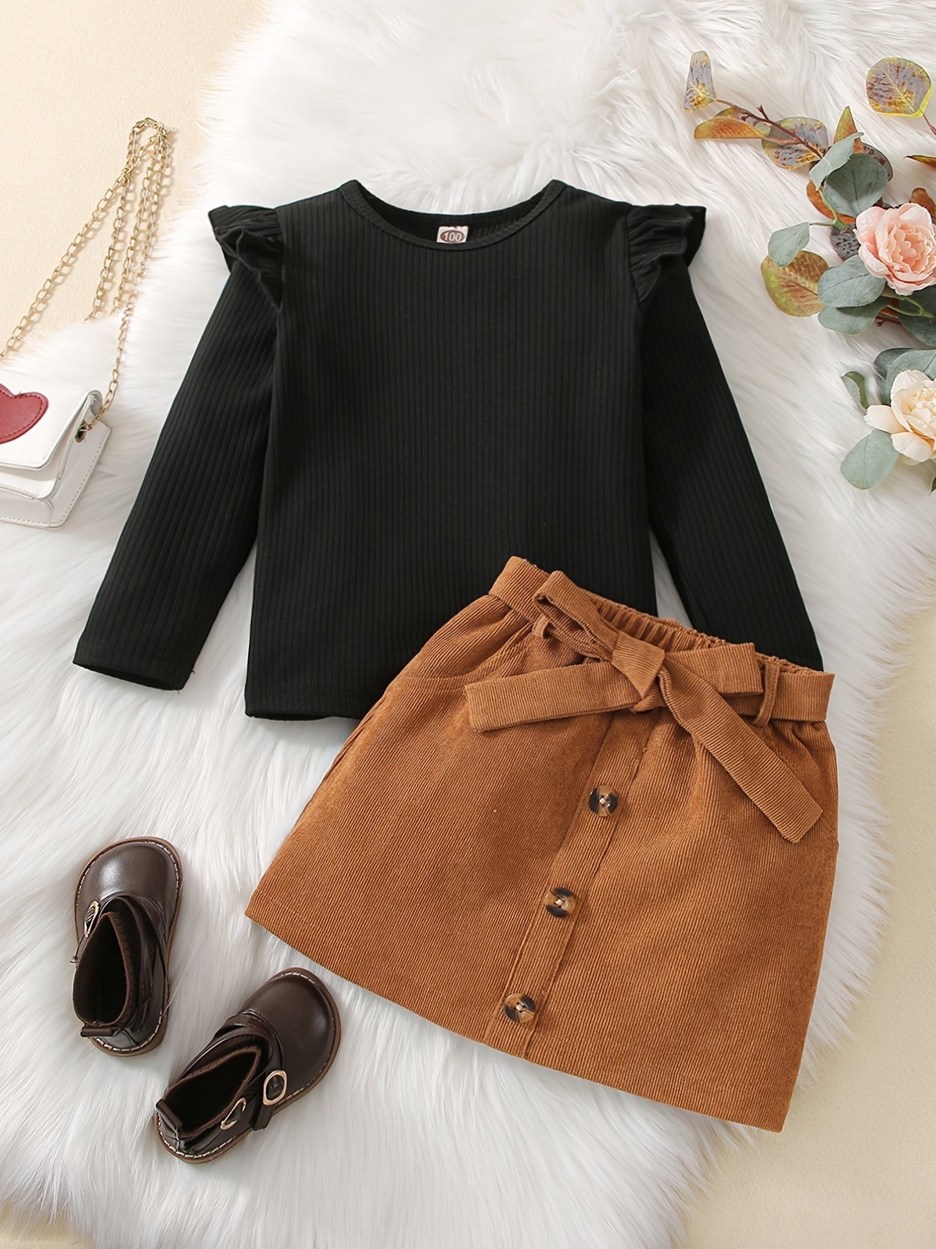 Conjunto 2 Peças Infantil Menina Blusa Canelada Manga Longa com Babado e Saia Cotelê com Laço Conjunto Menina 23 Kabannas Preto 9-12 Meses 