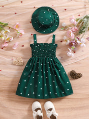 Conjunto 2 Peças Infantil Vestido Alça Franzido Estampa Coração com Chapéu Vestido Infantil 04 Kabannas 