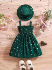 Conjunto 2 Peças Infantil Vestido Alça Franzido Estampa Coração com Chapéu Vestido Infantil 04 Kabannas 