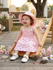Conjunto 2 Peças Infantil Vestido Alça Franzido Estampa Coração com Chapéu Vestido Infantil 04 Kabannas Rosa 6-9 Meses 