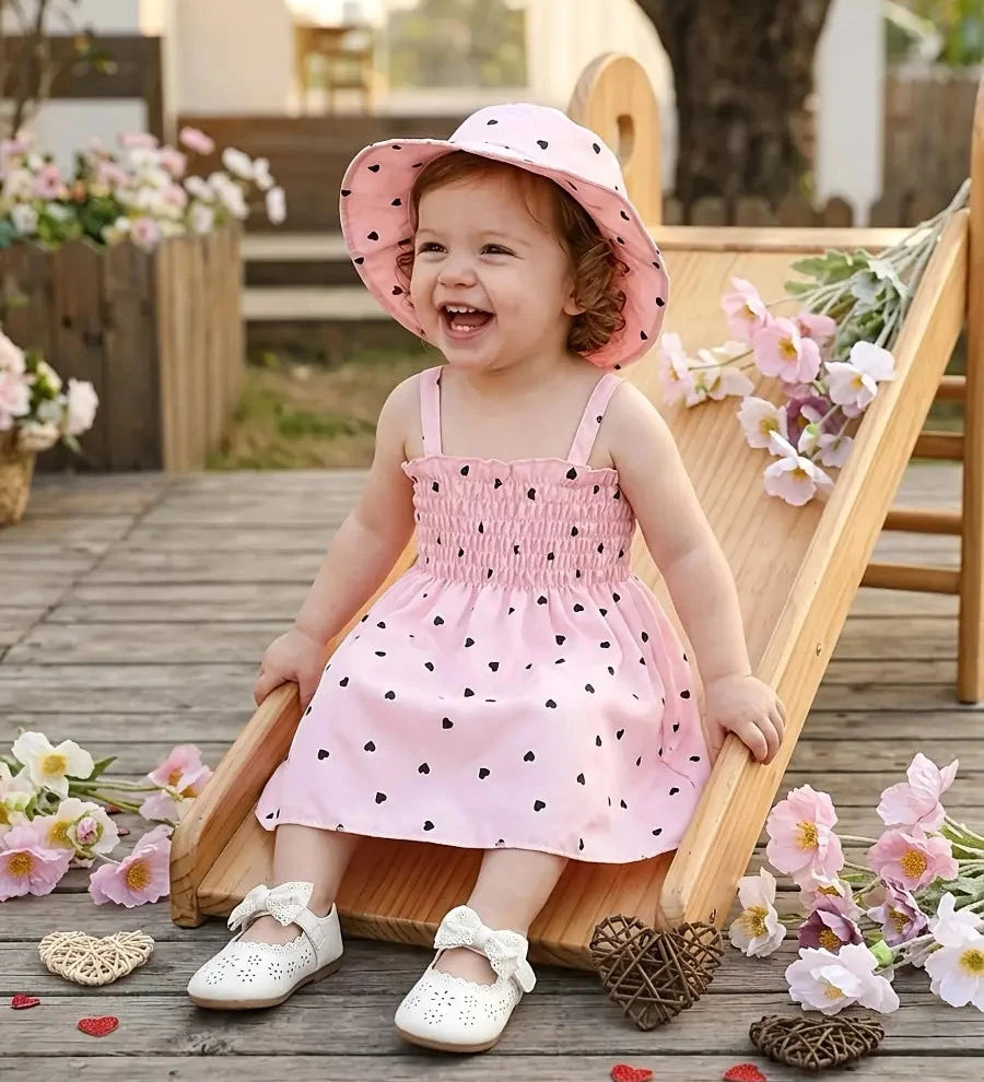 Conjunto 2 Peças Infantil Vestido Alça Franzido Estampa Coração com Chapéu Vestido Infantil 04 Kabannas Rosa 6-9 Meses 