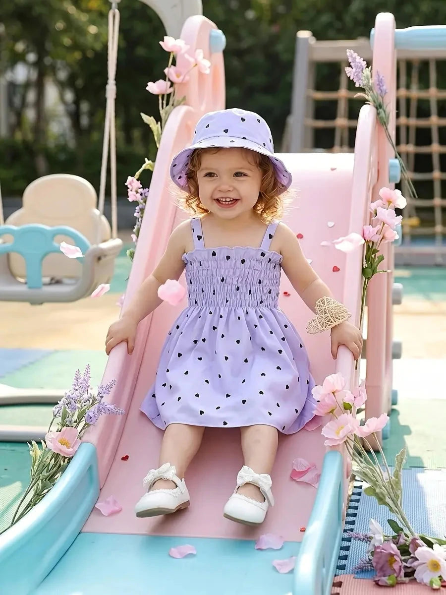 Conjunto 2 Peças Infantil Vestido Alça Franzido Estampa Coração com Chapéu Vestido Infantil 04 Kabannas Roxo 6-9 Meses 