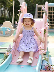 Conjunto 2 Peças Infantil Vestido Alça Franzido Estampa Coração com Chapéu Vestido Infantil 04 Kabannas Roxo 6-9 Meses 