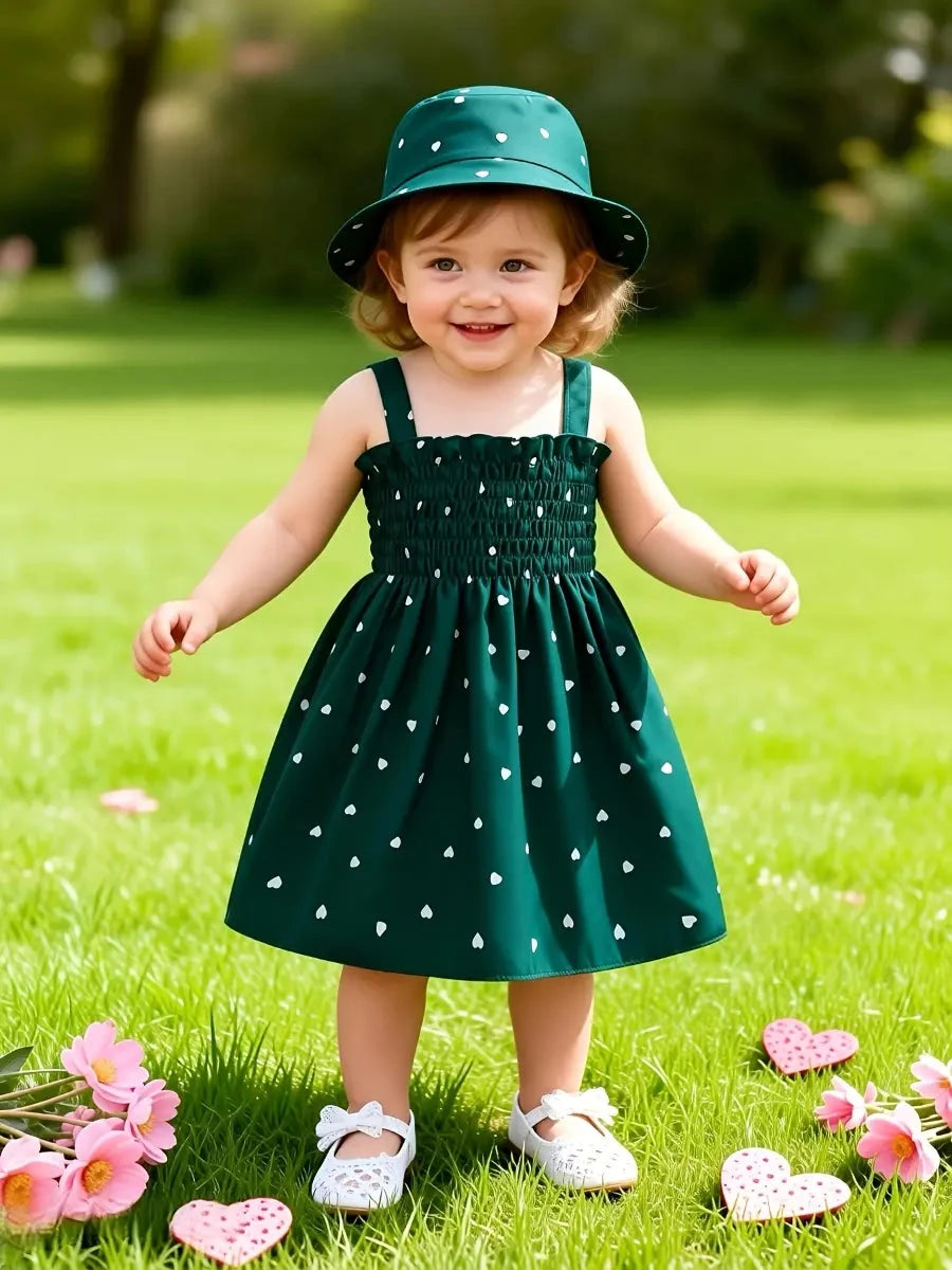 Conjunto 2 Peças Infantil Vestido Alça Franzido Estampa Coração com Chapéu Vestido Infantil 04 Kabannas Verde 6-9 Meses 