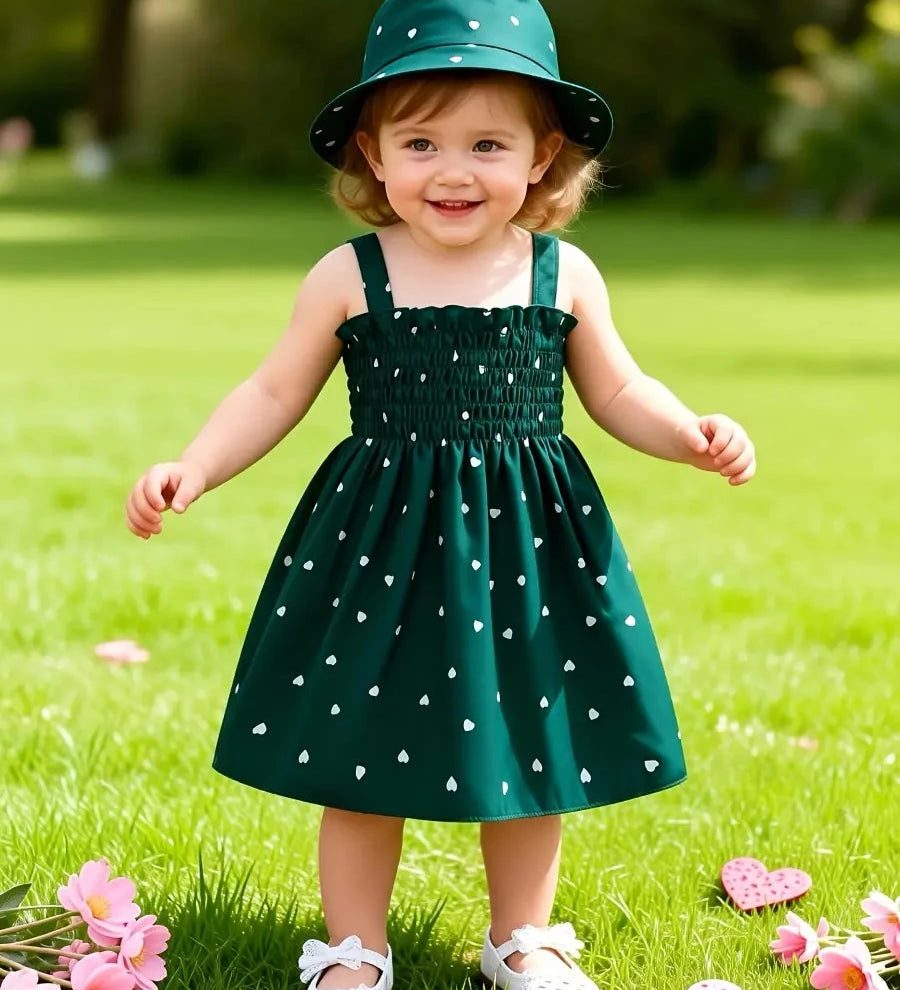 Conjunto 2 Peças Infantil Vestido Alça Franzido Estampa Coração com Chapéu Vestido Infantil 04 Kabannas Verde 6-9 Meses 