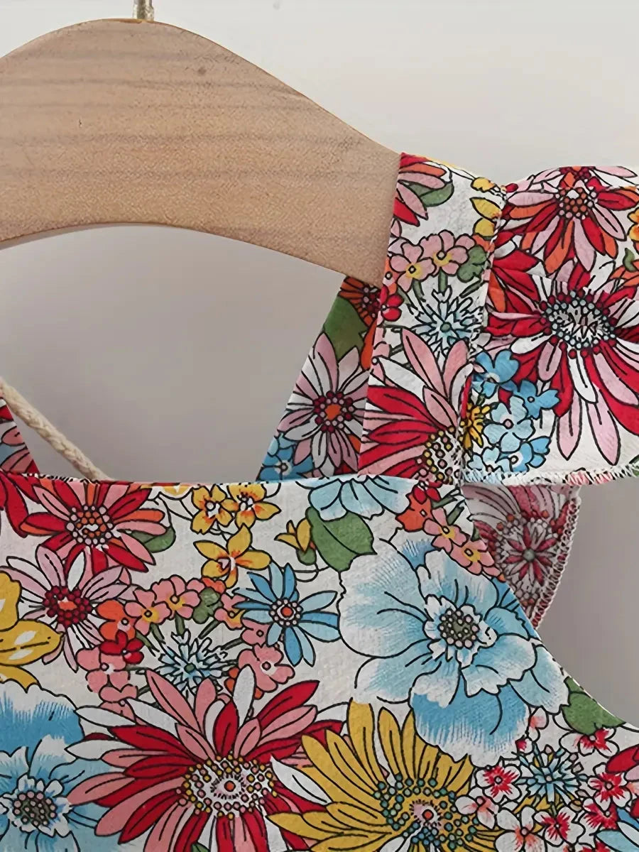 Conjunto 2 Peças Vestido Floral sem Mangas e Bolsa de Palha Bebê Menina Vestido Infantil 03 Kabannas 