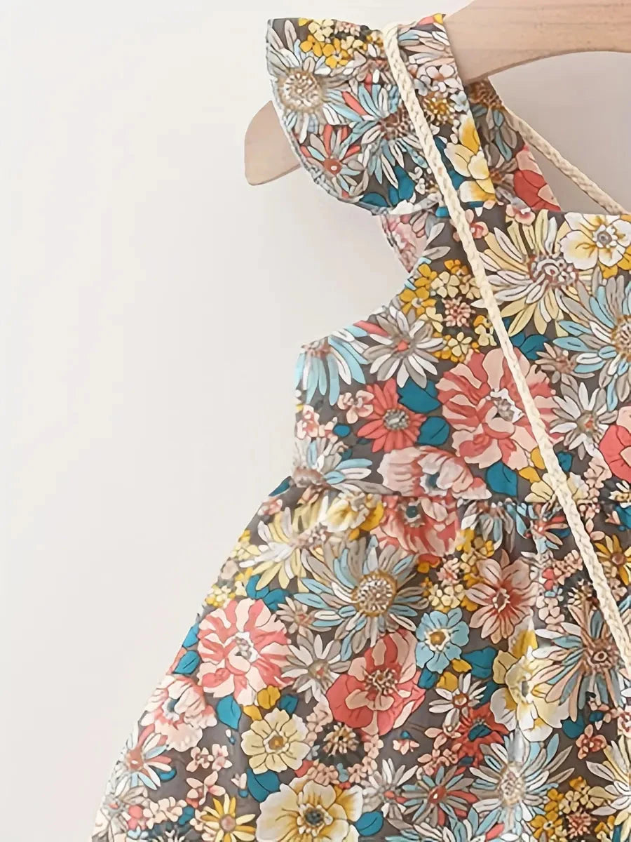 Conjunto 2 Peças Vestido Floral sem Mangas e Bolsa de Palha Bebê Menina Vestido Infantil 03 Kabannas 