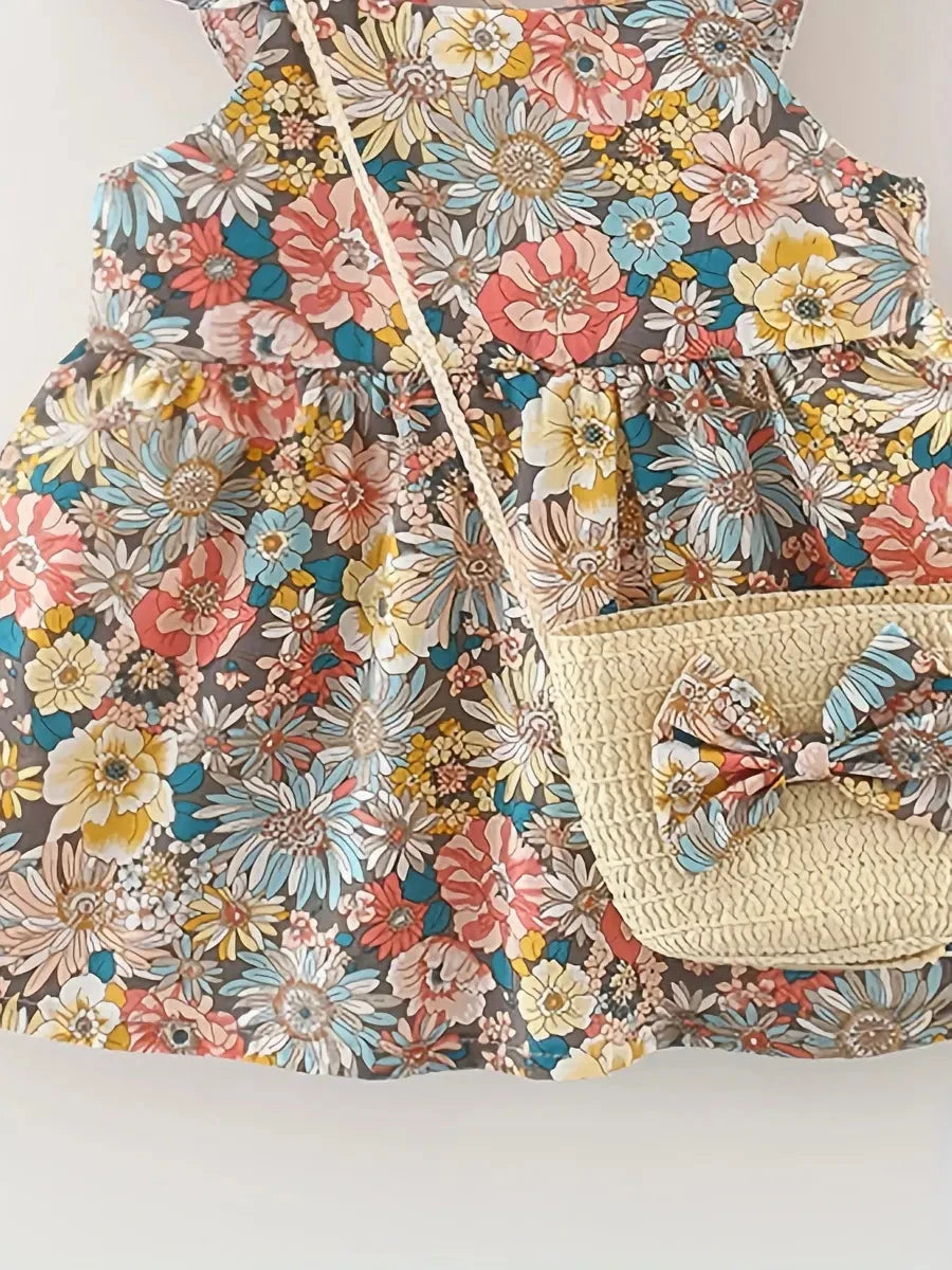 Conjunto 2 Peças Vestido Floral sem Mangas e Bolsa de Palha Bebê Menina Vestido Infantil 03 Kabannas 