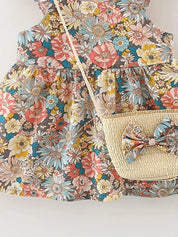Conjunto 2 Peças Vestido Floral sem Mangas e Bolsa de Palha Bebê Menina Vestido Infantil 03 Kabannas 