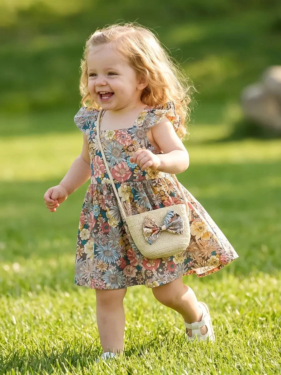 Conjunto 2 Peças Vestido Floral sem Mangas e Bolsa de Palha Bebê Menina Vestido Infantil 03 Kabannas 