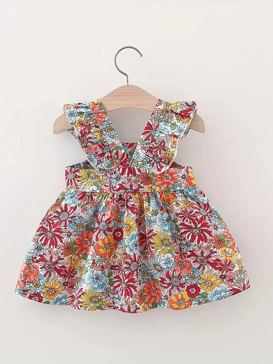 Conjunto 2 Peças Vestido Floral sem Mangas e Bolsa de Palha Bebê Menina Vestido Infantil 03 Kabannas 