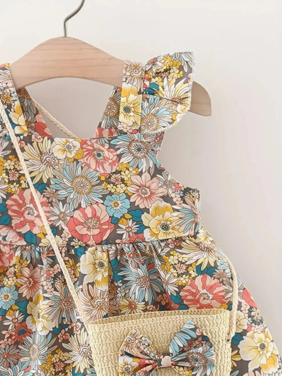 Conjunto 2 Peças Vestido Floral sem Mangas e Bolsa de Palha Bebê Menina Vestido Infantil 03 Kabannas 