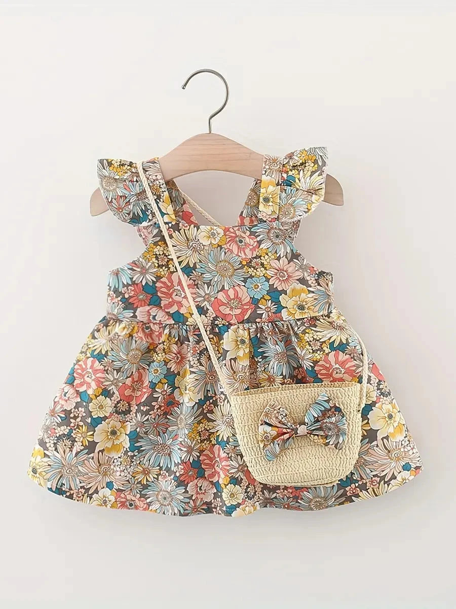 Conjunto 2 Peças Vestido Floral sem Mangas e Bolsa de Palha Bebê Menina Vestido Infantil 03 Kabannas Amarelo 9-12 meses 
