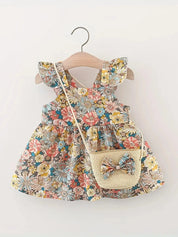 Conjunto 2 Peças Vestido Floral sem Mangas e Bolsa de Palha Bebê Menina Vestido Infantil 03 Kabannas Amarelo 9-12 meses 