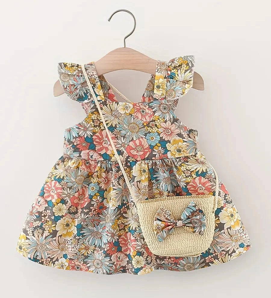 Conjunto 2 Peças Vestido Floral sem Mangas e Bolsa de Palha Bebê Menina Vestido Infantil 03 Kabannas Amarelo 9-12 meses 