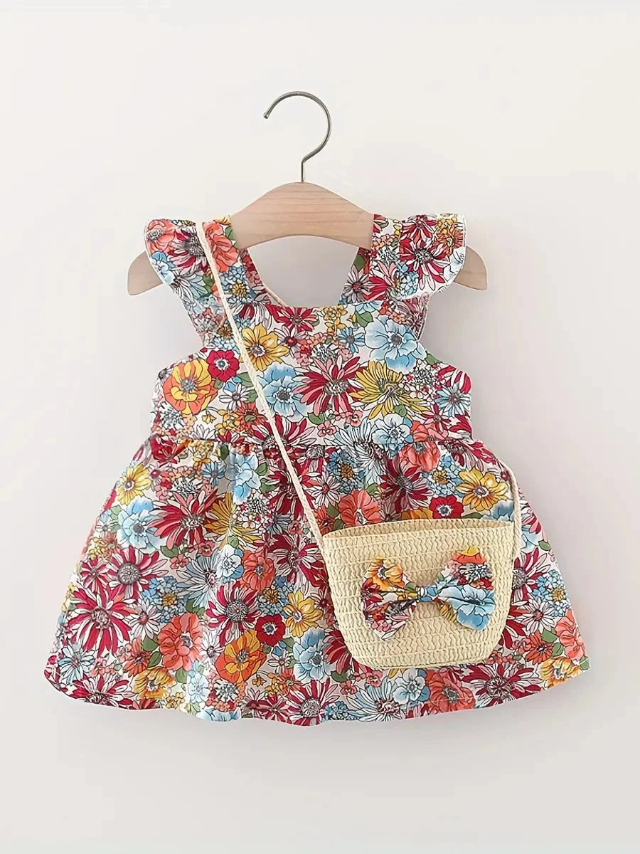 Conjunto 2 Peças Vestido Floral sem Mangas e Bolsa de Palha Bebê Menina Vestido Infantil 03 Kabannas Vermelho 9-12 meses 