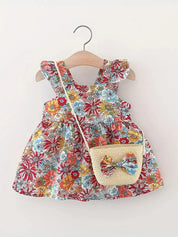Conjunto 2 Peças Vestido Floral sem Mangas e Bolsa de Palha Bebê Menina Vestido Infantil 03 Kabannas Vermelho 9-12 meses 