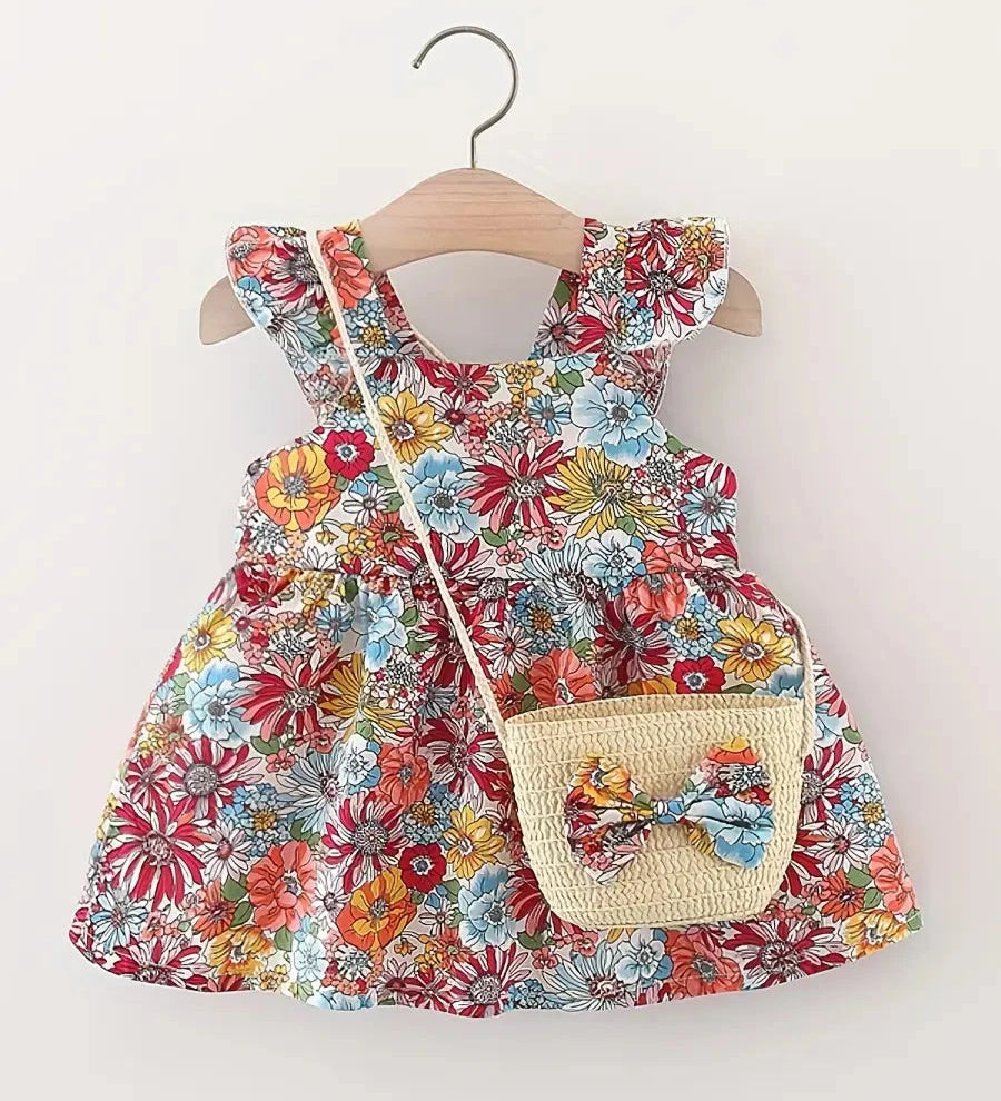 Conjunto 2 Peças Vestido Floral sem Mangas e Bolsa de Palha Bebê Menina Vestido Infantil 03 Kabannas Vermelho 9-12 meses 