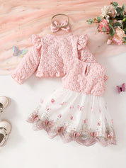 Conjunto 3 Peças Bebê Menina Cardigan com Babados Vestido Tule Borboleta e Tiara de Laço Conjunto Menina 10 Kabannas 