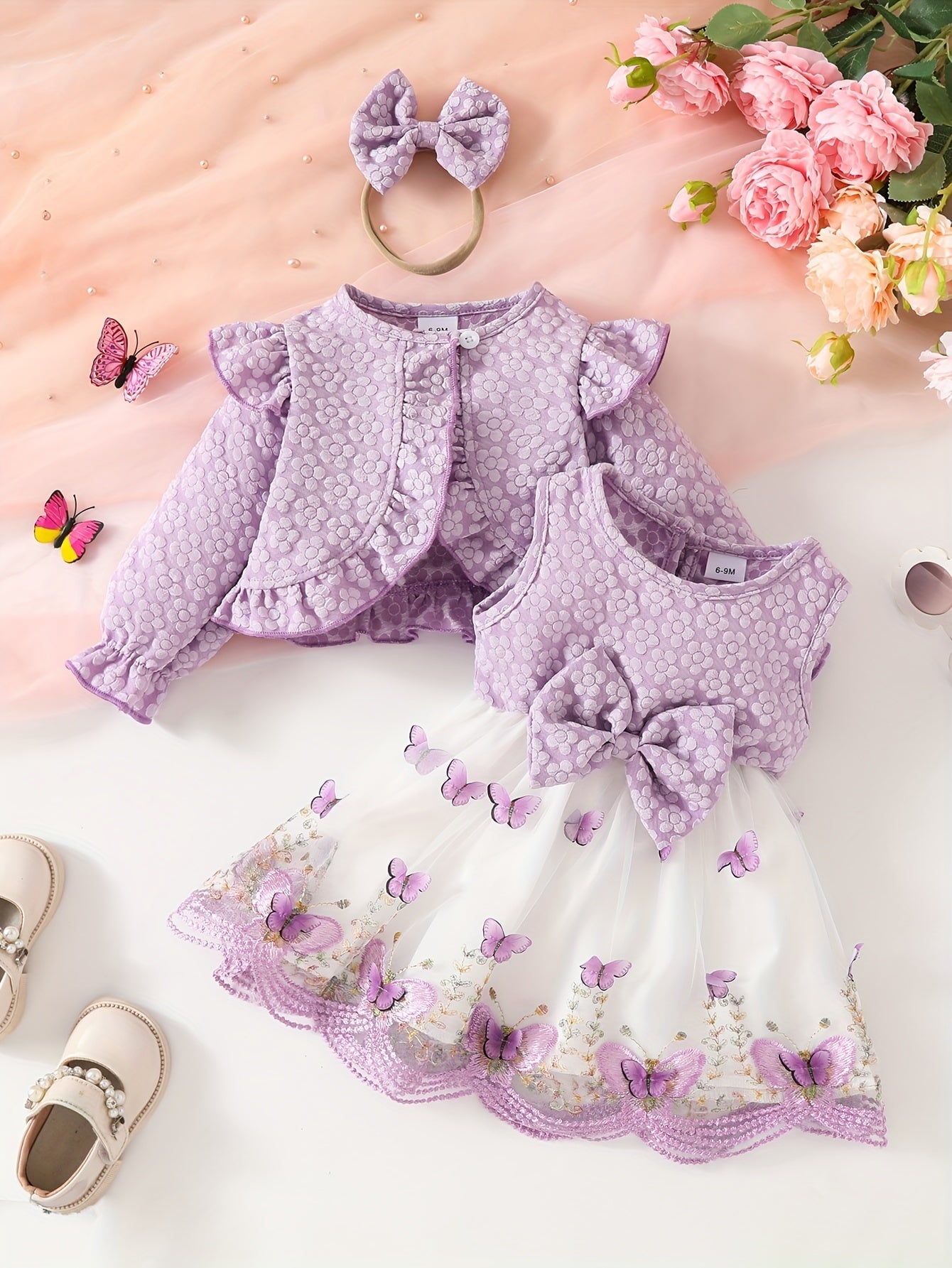 Conjunto 3 Peças Bebê Menina Cardigan com Babados Vestido Tule Borboleta e Tiara de Laço Conjunto Menina 10 Kabannas Lilás 6-9 Meses 