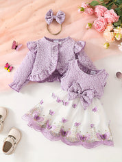 Conjunto 3 Peças Bebê Menina Cardigan com Babados Vestido Tule Borboleta e Tiara de Laço Conjunto Menina 10 Kabannas Lilás 6-9 Meses 