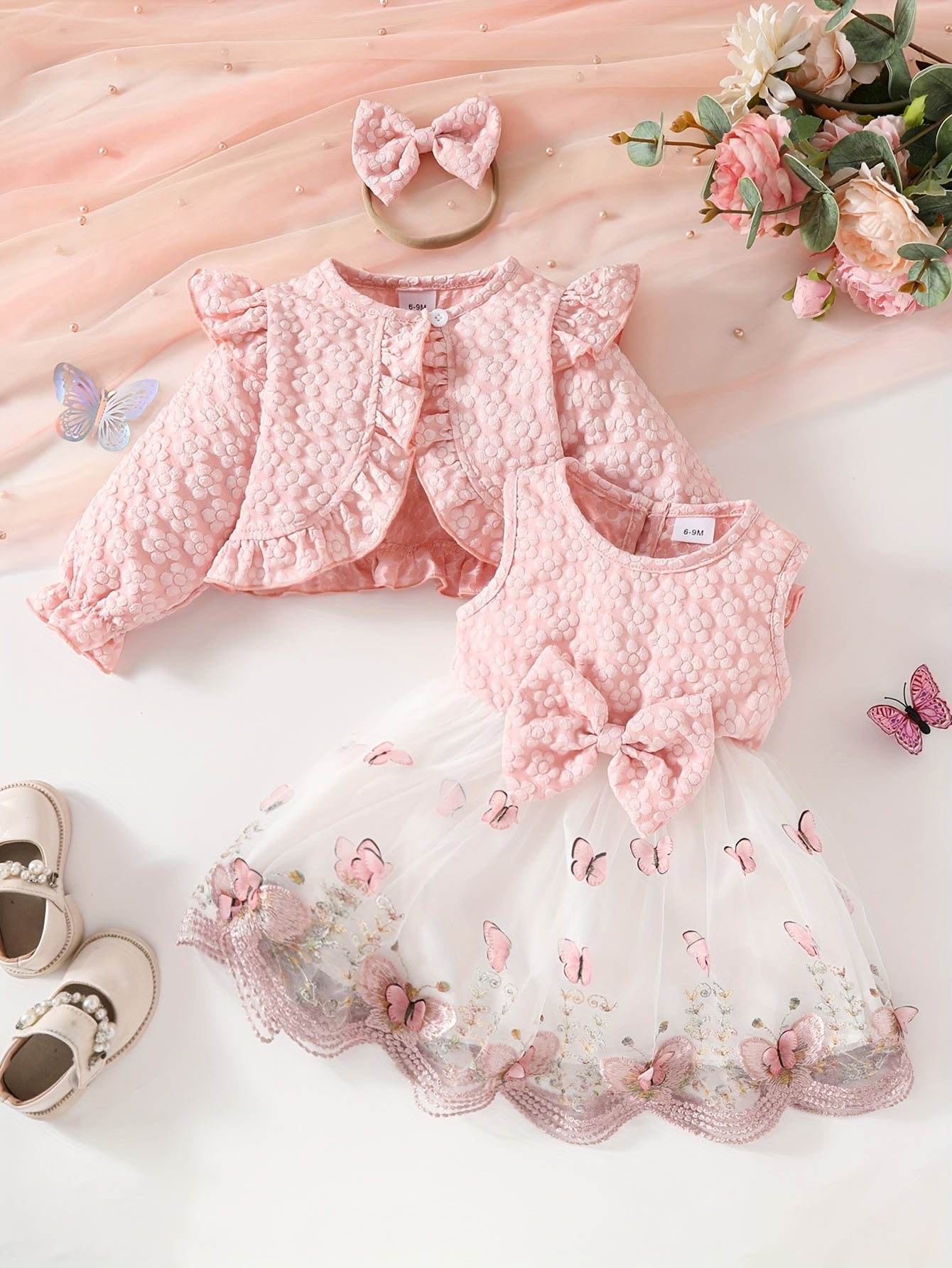 Conjunto 3 Peças Bebê Menina Cardigan com Babados Vestido Tule Borboleta e Tiara de Laço Conjunto Menina 10 Kabannas Rosa claro 6-9 Meses 