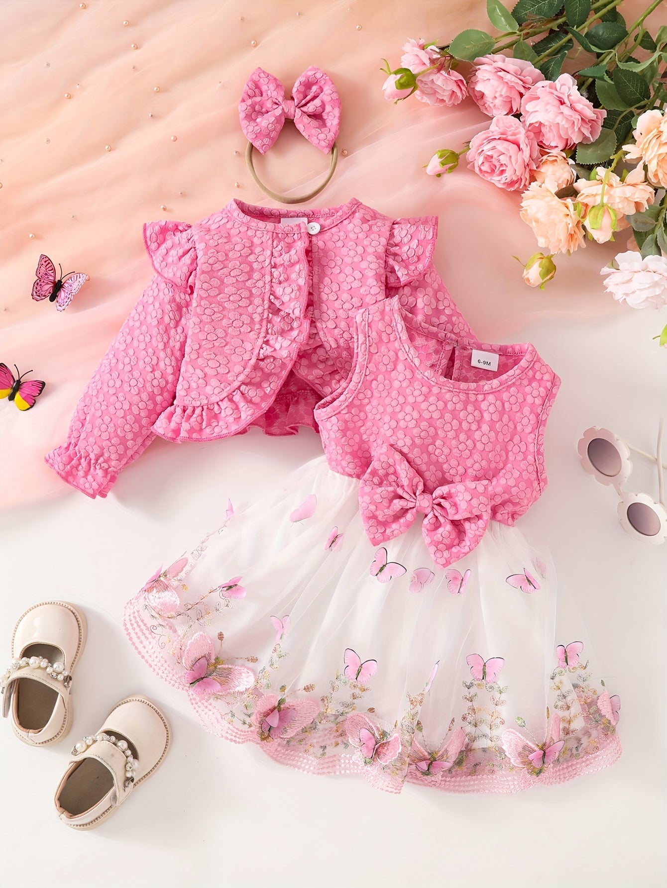 Conjunto 3 Peças Bebê Menina Cardigan com Babados Vestido Tule Borboleta e Tiara de Laço Conjunto Menina 10 Kabannas Rosa escuro 6-9 Meses 