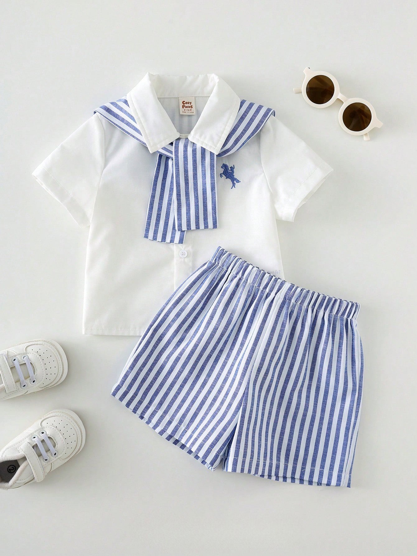 Conjunto 3 Peças Bebê Menino Camisa Listrada e Shorts com Lenço 001 Conjunto Menino 09 Kabannas Azul 3-6 Meses 