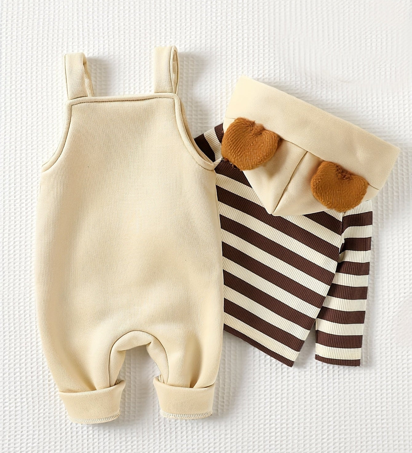 Conjunto Bebê 2 Peças Jardineira Urso Peluciado com Blusa Capuz Orelhas 3D Conjunto Unissex 01 Kabannas 