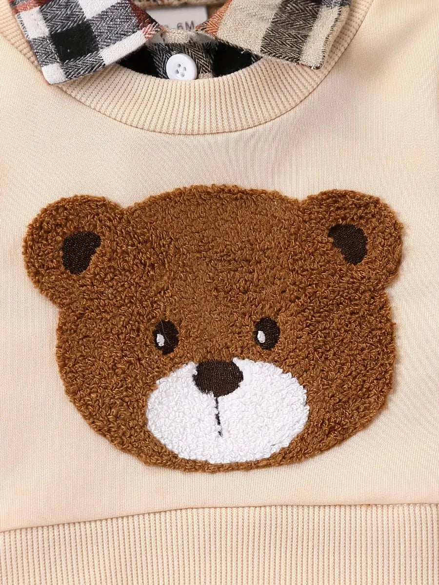 Conjunto Bebê 2 Peças Moletom Urso Bordado Camada Sobreposta Xadrez e Calça Canelada Conjunto Menino 10 Kabannas 