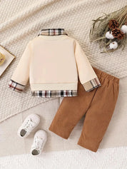 Conjunto Bebê 2 Peças Moletom Urso Bordado Camada Sobreposta Xadrez e Calça Canelada Conjunto Menino 10 Kabannas 