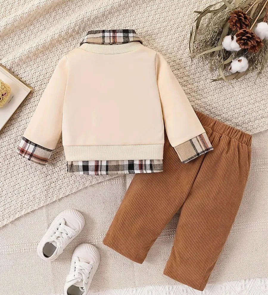 Conjunto Bebê 2 Peças Moletom Urso Bordado Camada Sobreposta Xadrez e Calça Canelada Conjunto Menino 10 Kabannas 
