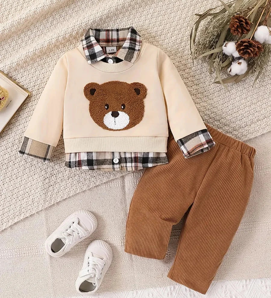 Conjunto Bebê 2 Peças Moletom Urso Bordado Camada Sobreposta Xadrez e Calça Canelada Conjunto Menino 10 Kabannas Bege e marrom 3-6 Meses 
