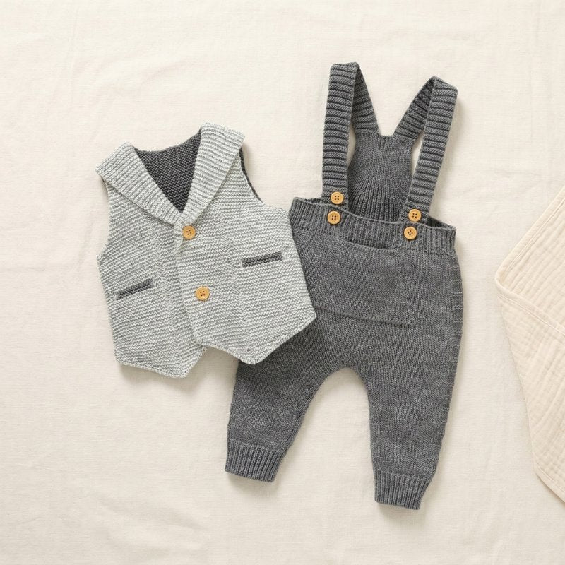 Conjunto Bebê de Tricô com Macacão e Colete Social Moda Vintage Infantil 63 Kabannas Cinza claro Recém-nascido 