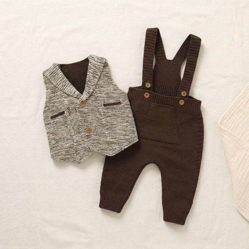 Conjunto Bebê de Tricô com Macacão e Colete Social Moda Vintage Infantil 63 Kabannas Marrom escuro Recém-nascido 