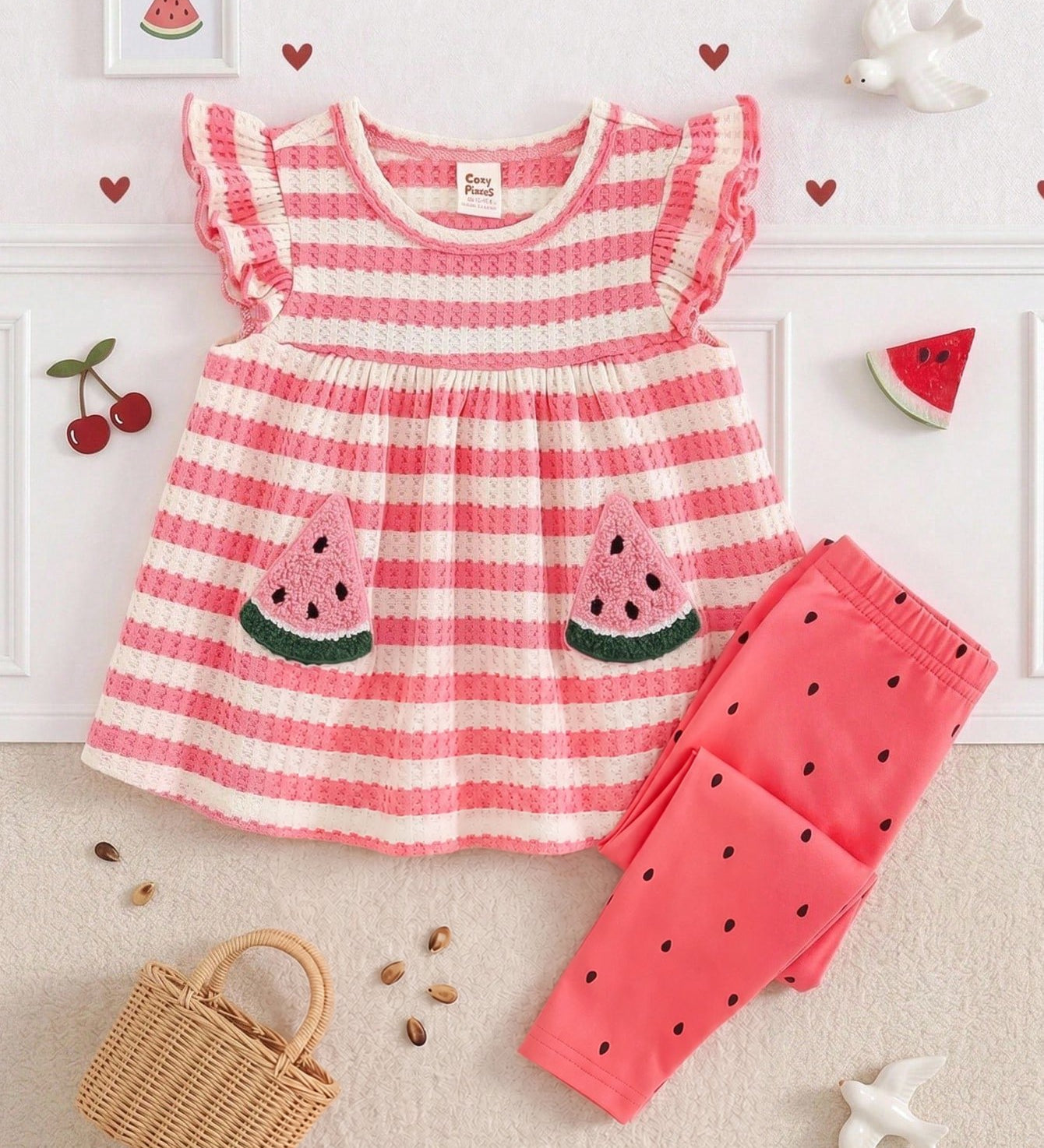 Conjunto Bebê Menina Blusa Listrada Melancia e Legging 004 Conjunto Menina 16 Kabannas Rosa 6-9 Meses 