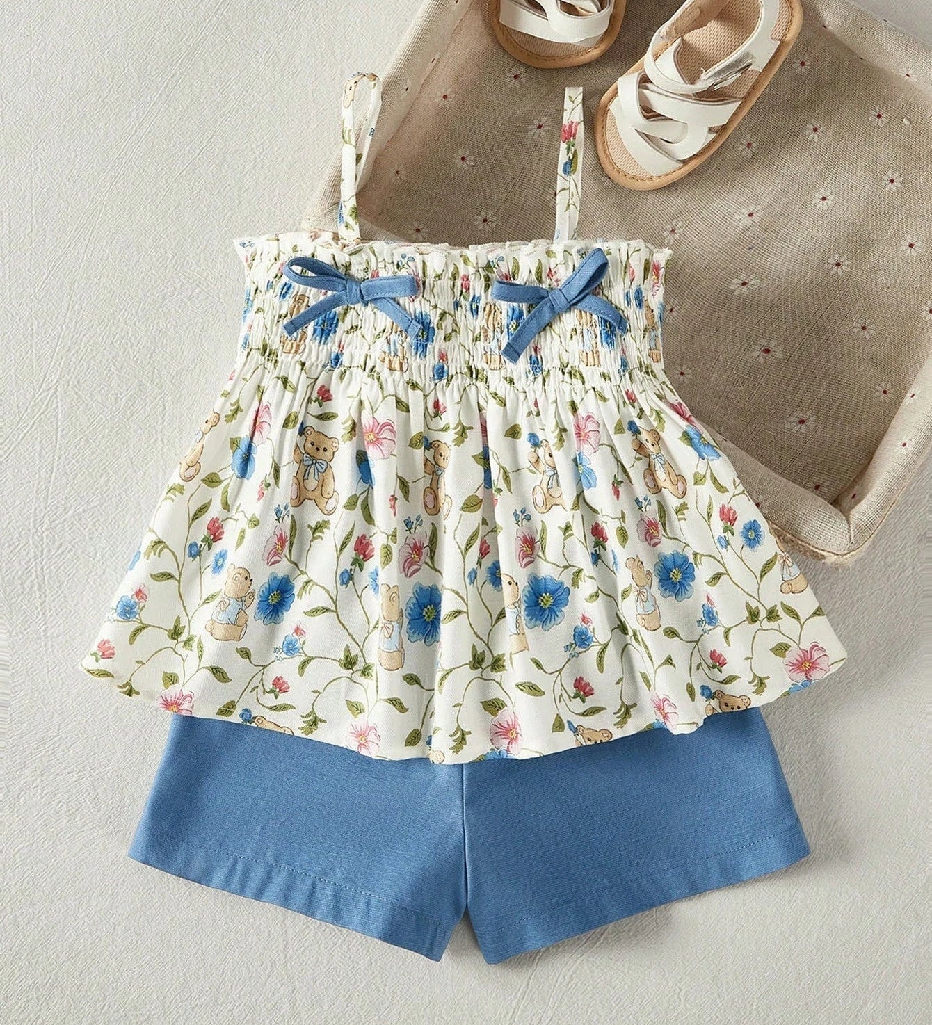 Conjunto Bebê Menina Floral com Ursinhos Laços e Shorts 003 Conjunto Menina 12 Kabannas Azul 6-9 Meses 