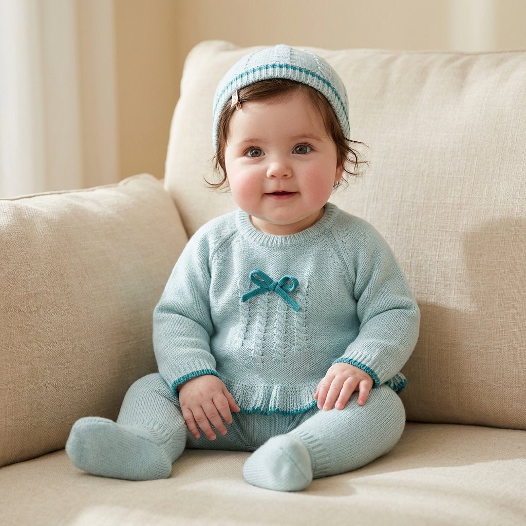 Conjunto Bebê Menina Inverno Tricot 3 Peças com Gorro Moda Vintage Infantil 94 Kabannas Verde menta Recém-nascido 