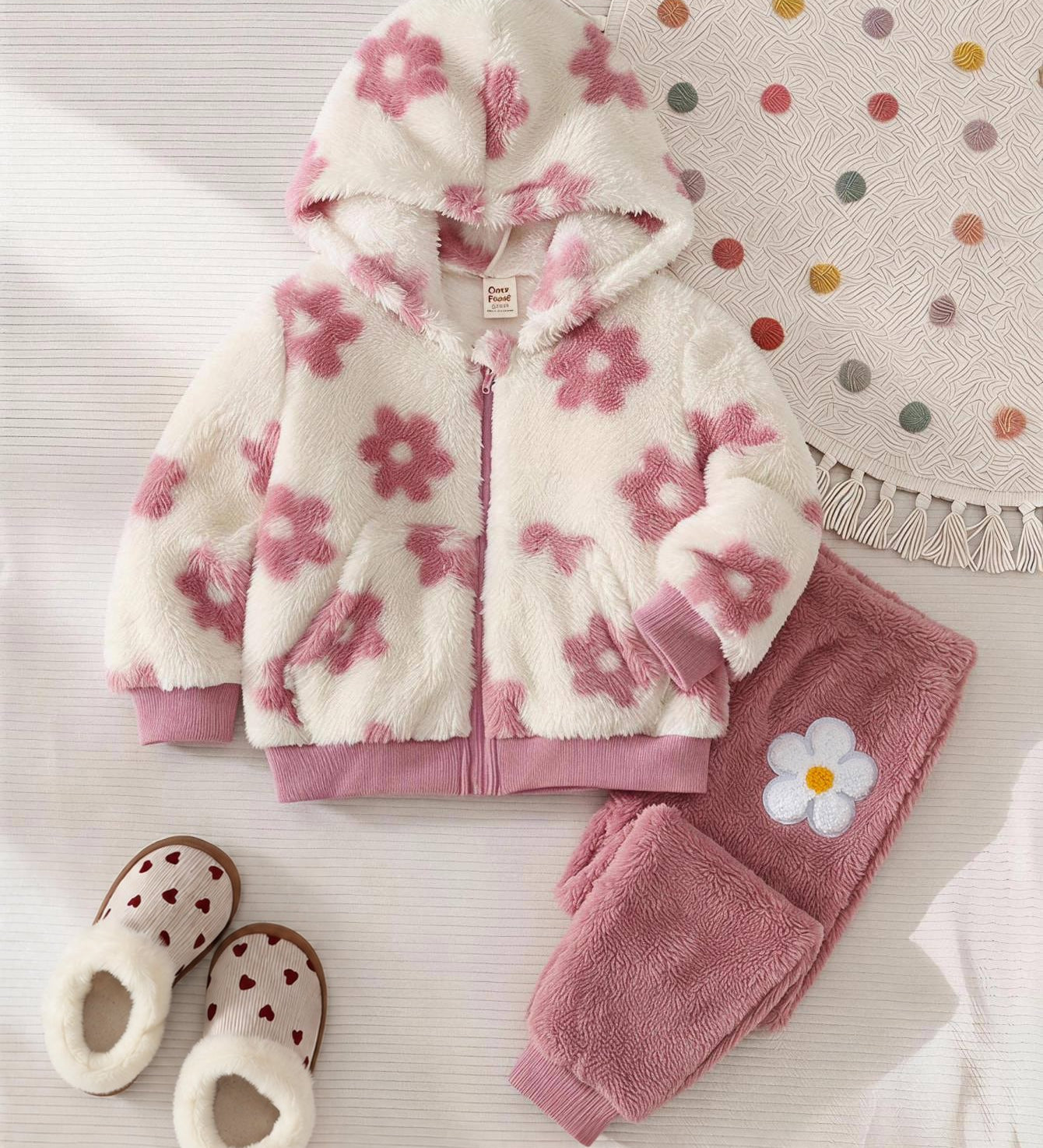 Conjunto Bebê Menina Jaqueta Fleece Floral e Calça 004 Conjunto Menina 15 Kabannas Branco e rosa 0-3 Meses 