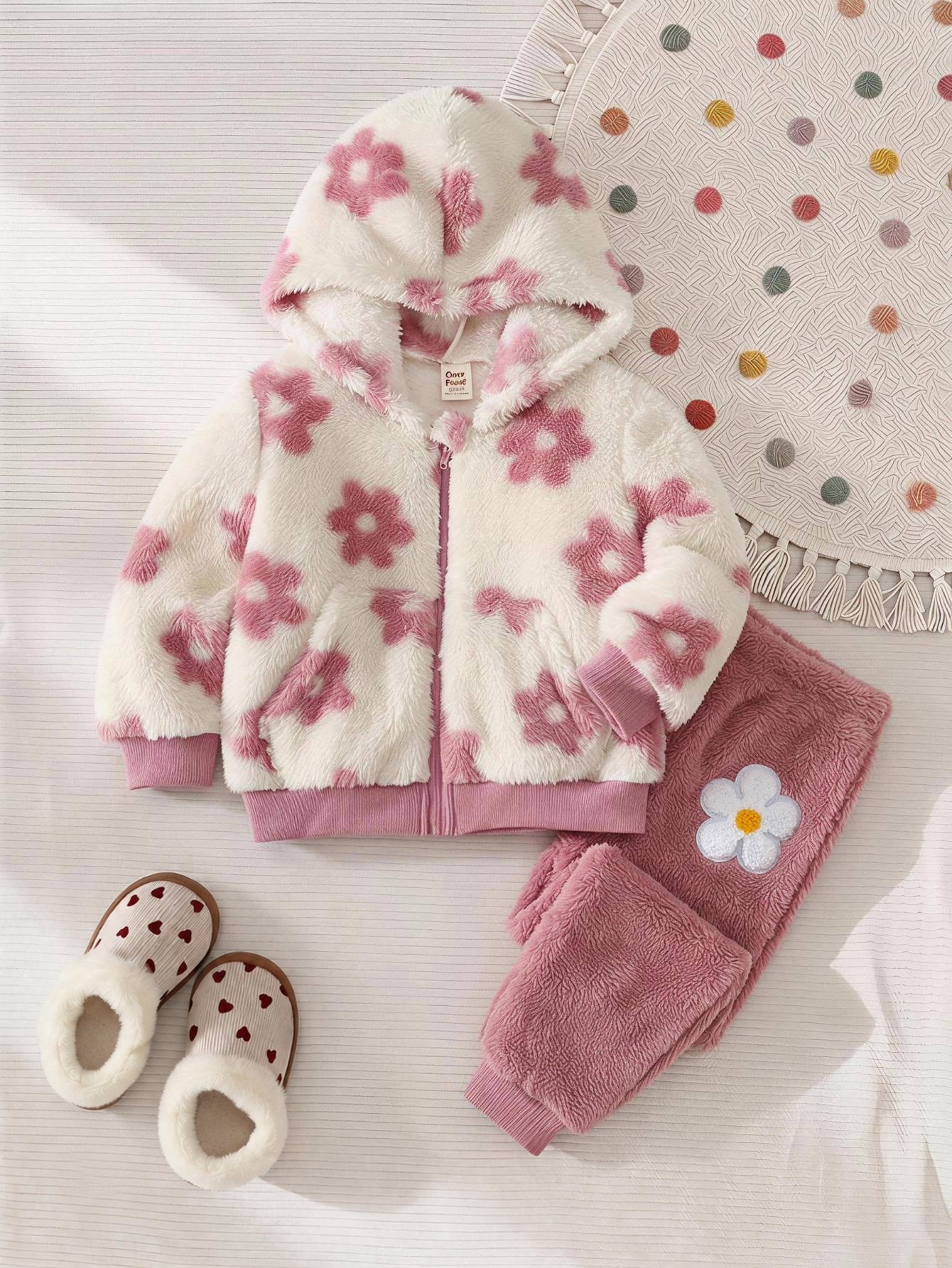 Conjunto Bebê Menina Jaqueta Fleece Floral e Calça 004 Conjunto Menina 15 Kabannas Branco e rosa 0-3 Meses 