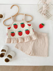 Conjunto Bebê Menina Regata Crochê Morango e Short Musselina 004 Conjunto Menina 14 Kabannas 