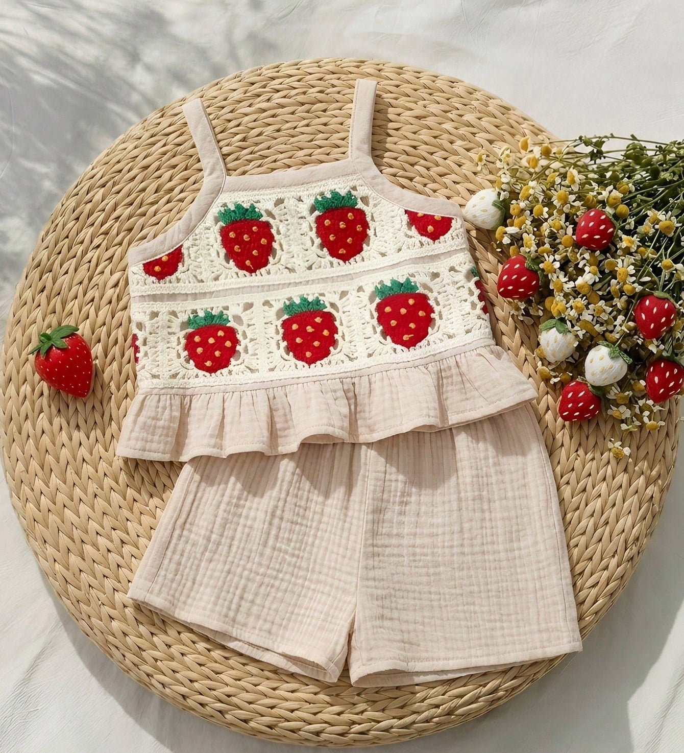Conjunto Bebê Menina Regata Crochê Morango e Short Musselina 004 Conjunto Menina 14 Kabannas Bege e vermelho 3-6 Meses 