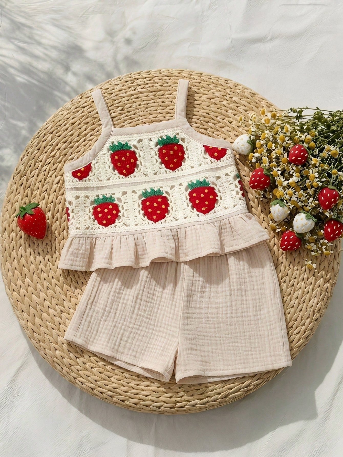 Conjunto Bebê Menina Regata Crochê Morango e Short Musselina 004 Conjunto Menina 14 Kabannas Bege e vermelho 3-6 Meses 
