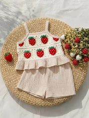 Conjunto Bebê Menina Regata Crochê Morango e Short Musselina 004 Conjunto Menina 14 Kabannas Bege e vermelho 3-6 Meses 