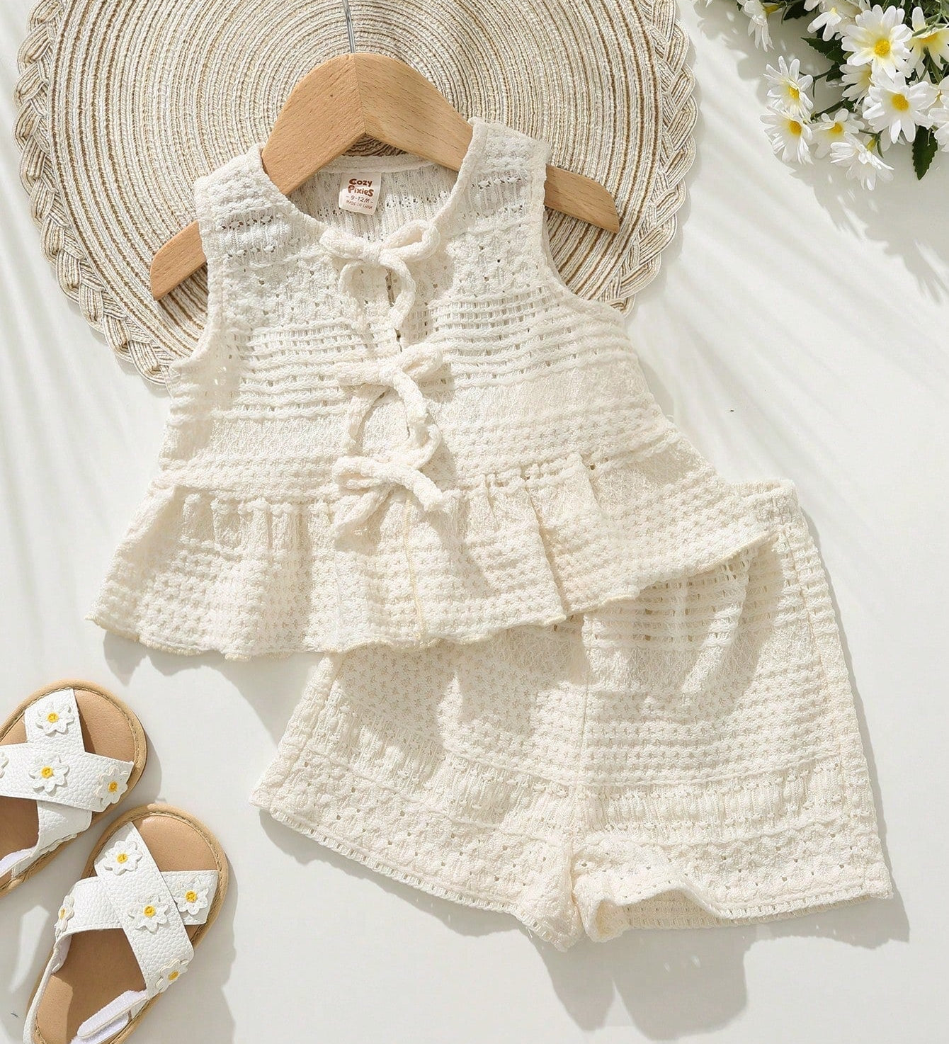 Conjunto Bebê Menina Rendado com Laços e Shorts 003 Conjunto Menina 10 Kabannas Bege 3-6 Meses 
