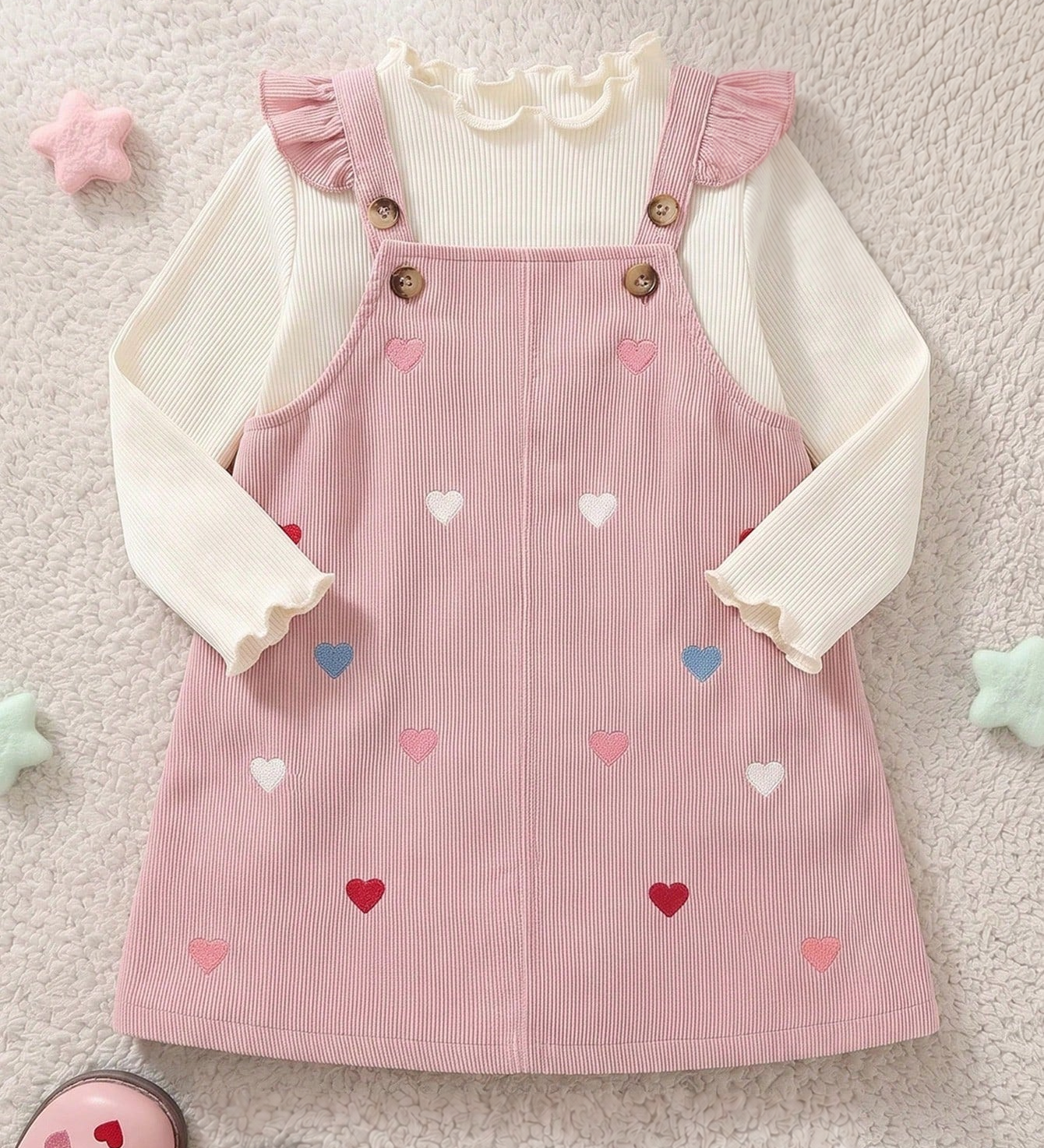 Conjunto bebê menina com top canelado e vestido pinafore rosa com corações