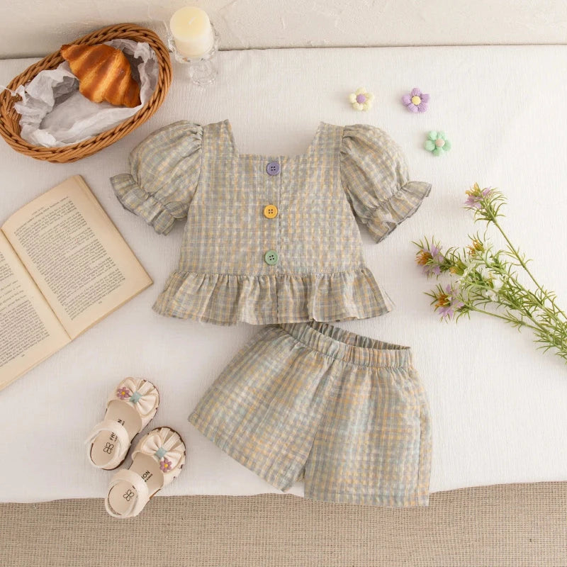 Conjunto Bebê Menina Verão Xadrez Manga Bufante Conjunto Infantil Menina 13 Kabannas Cinza xadrez 3-6 Meses 