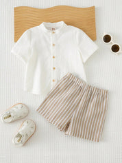 Conjunto Bebê Menino 2 Peças Camisa Gola Padre e Shorts Listrado 001 Conjunto Menino 06 Kabannas Branco e bege 3-6 Meses 