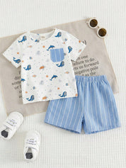 Conjunto Bebê Menino 2 Peças Camiseta Animais Marinhos e Shorts Listrado 002 Conjunto Menino 14 Kabannas Azul-claro e branco 3-6 Meses 